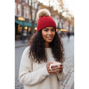 Nordstrom Red‎ Cashmere Knit Beanie Brown Faux Fur Pom New